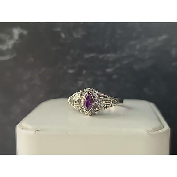 925 Sterling Silver Amethyst Floral Shaped Ring Vintage, SIZE US 8 - Picture 3 of 10